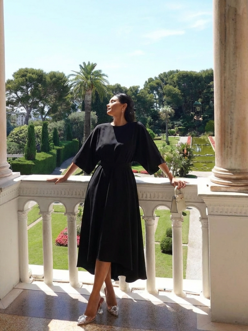 Bella | Waist Defined Cape Sleeve Asymmetric Midi Dress
