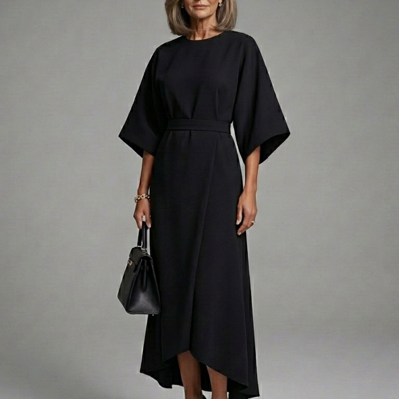 Bella | Waist Defined Cape Sleeve Asymmetric Midi Dress