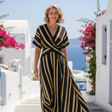 Dormae | Short Sleeve V Neck Striped Wrap Midi Dress