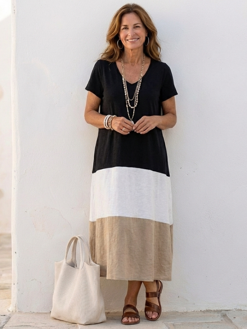 Milra | Short Sleeve Color Block V Neck Midi Dress