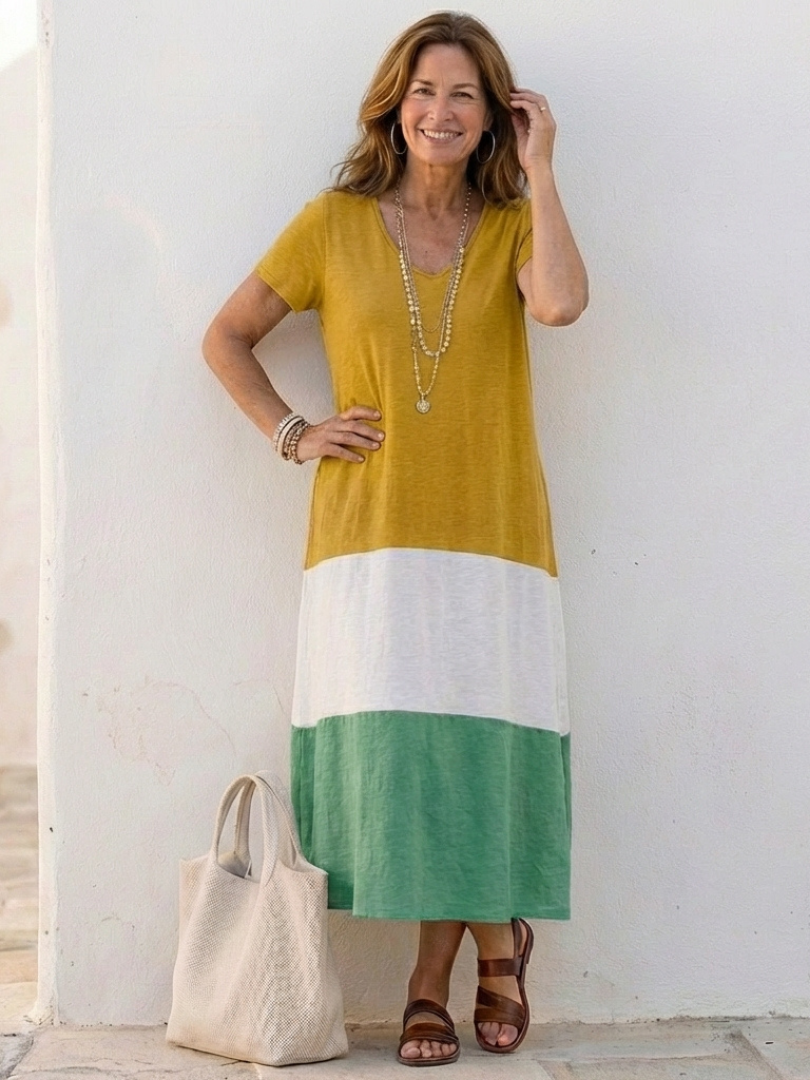 Milra | Short Sleeve Color Block V Neck Midi Dress
