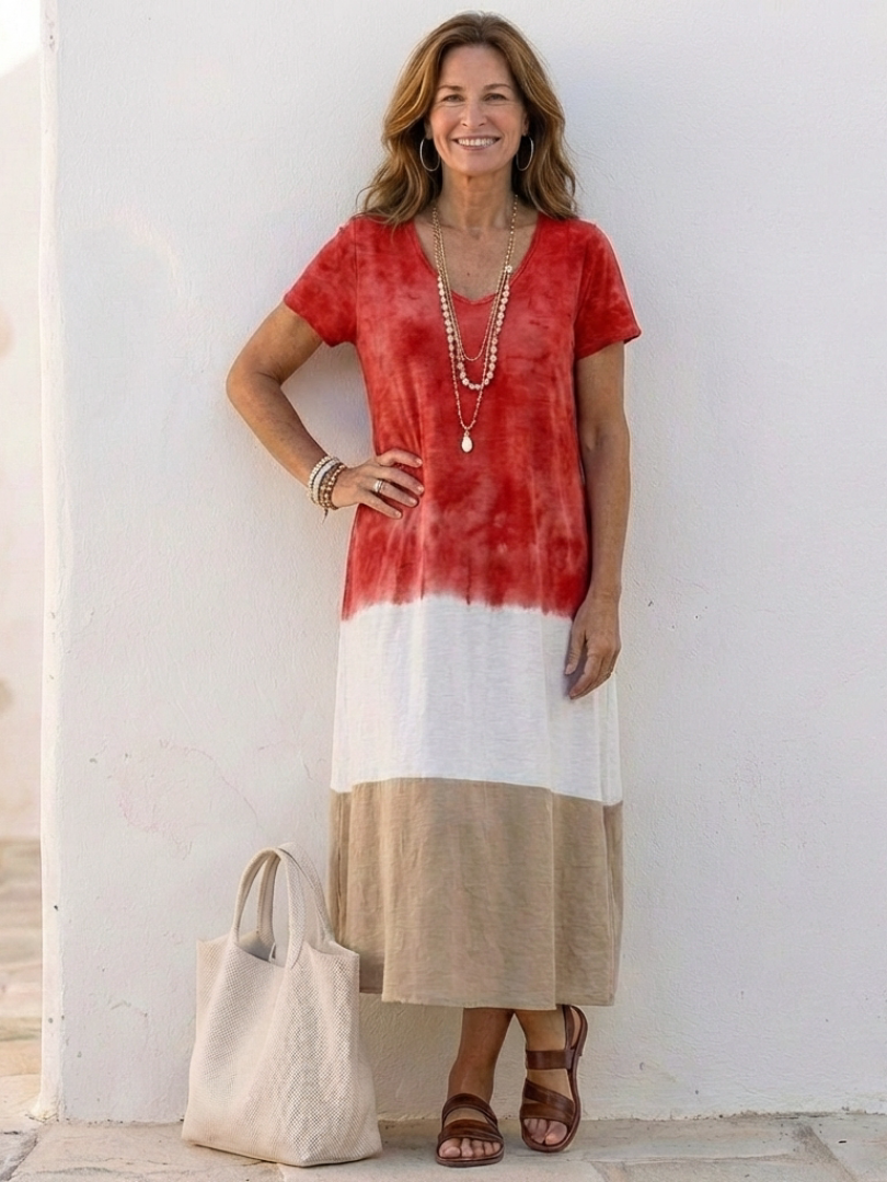 Milra | Short Sleeve Color Block V Neck Midi Dress