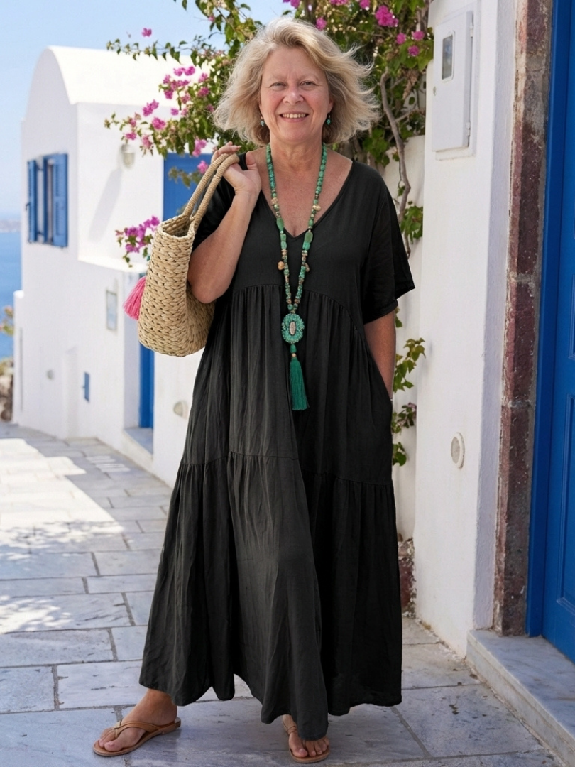 Briana | Short Sleeve Tiered Blue Maxi Dress