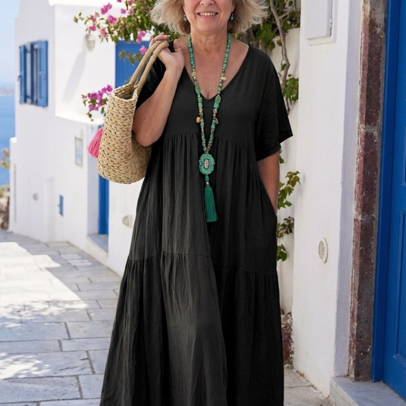 Briana | Short Sleeve Tiered Blue Maxi Dress