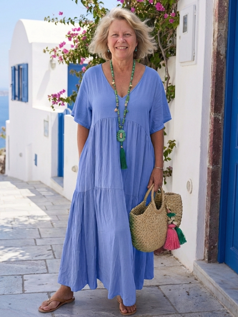 Briana | Short Sleeve Tiered Blue Maxi Dress