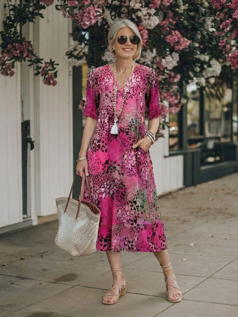 Sennamae | Short Sleeve V Neck Printed Midi Dress
