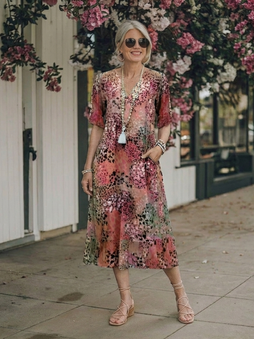 Sennamae | Short Sleeve V Neck Printed Midi Dress