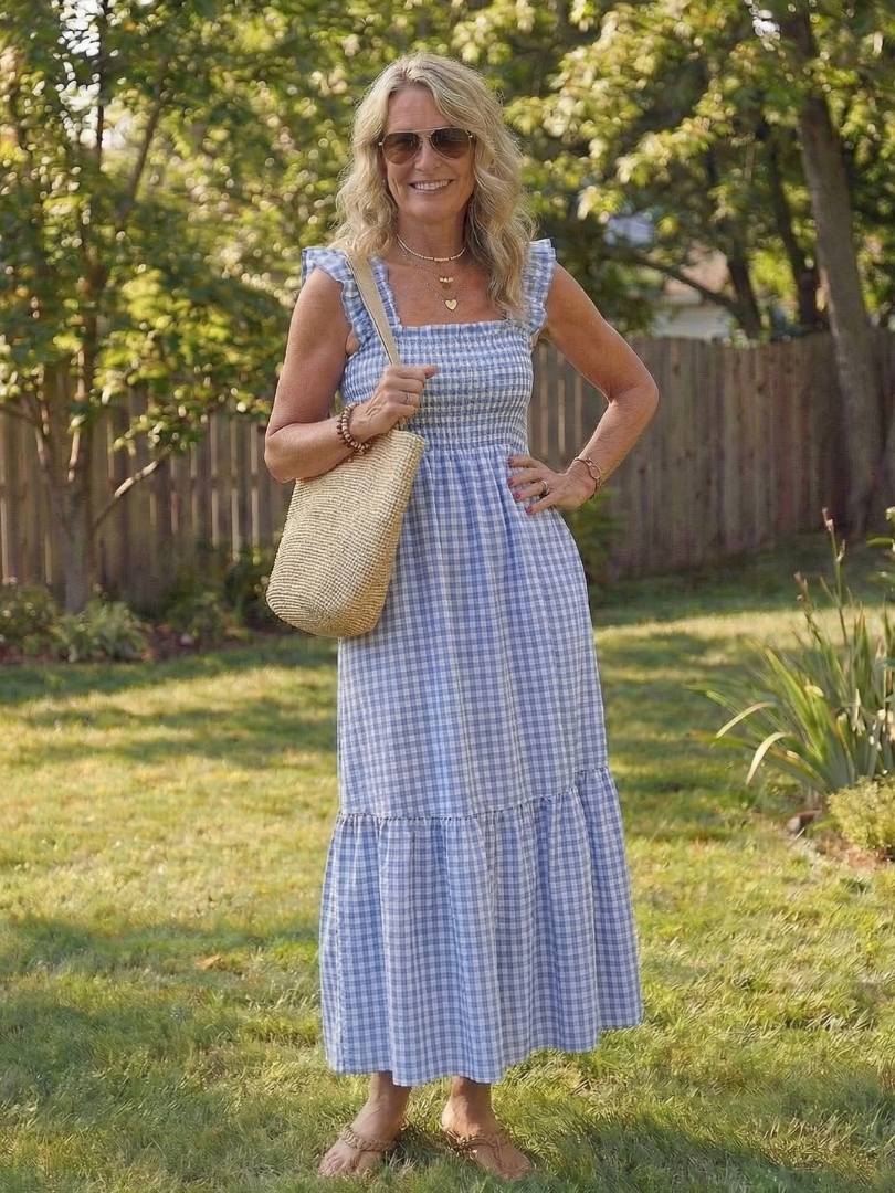 Liorana | Flutter Sleeve Smocked Gingham Maxi Dress