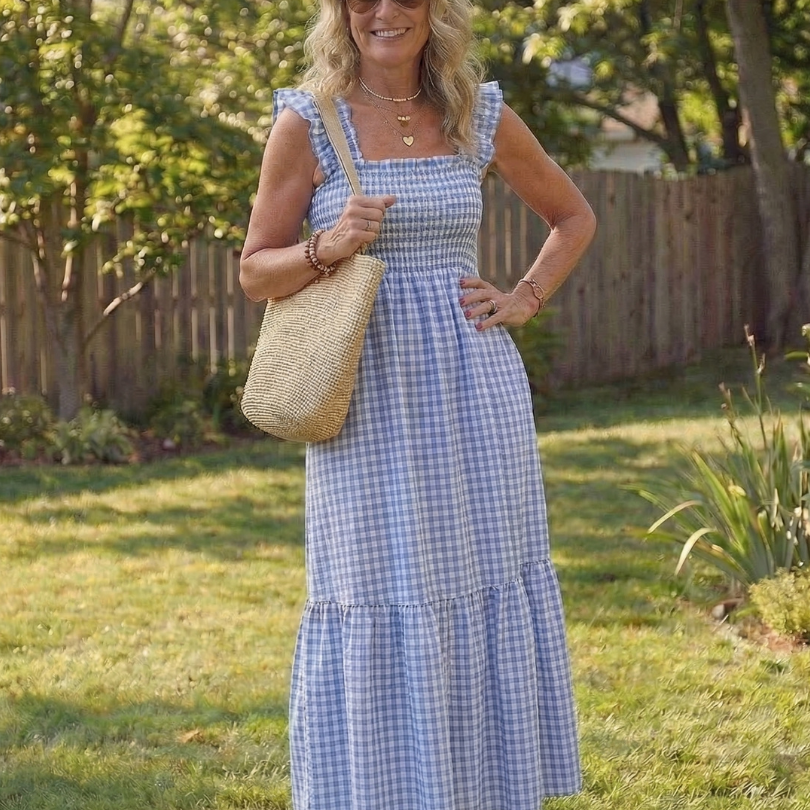 Liorana | Flutter Sleeve Smocked Gingham Maxi Dress