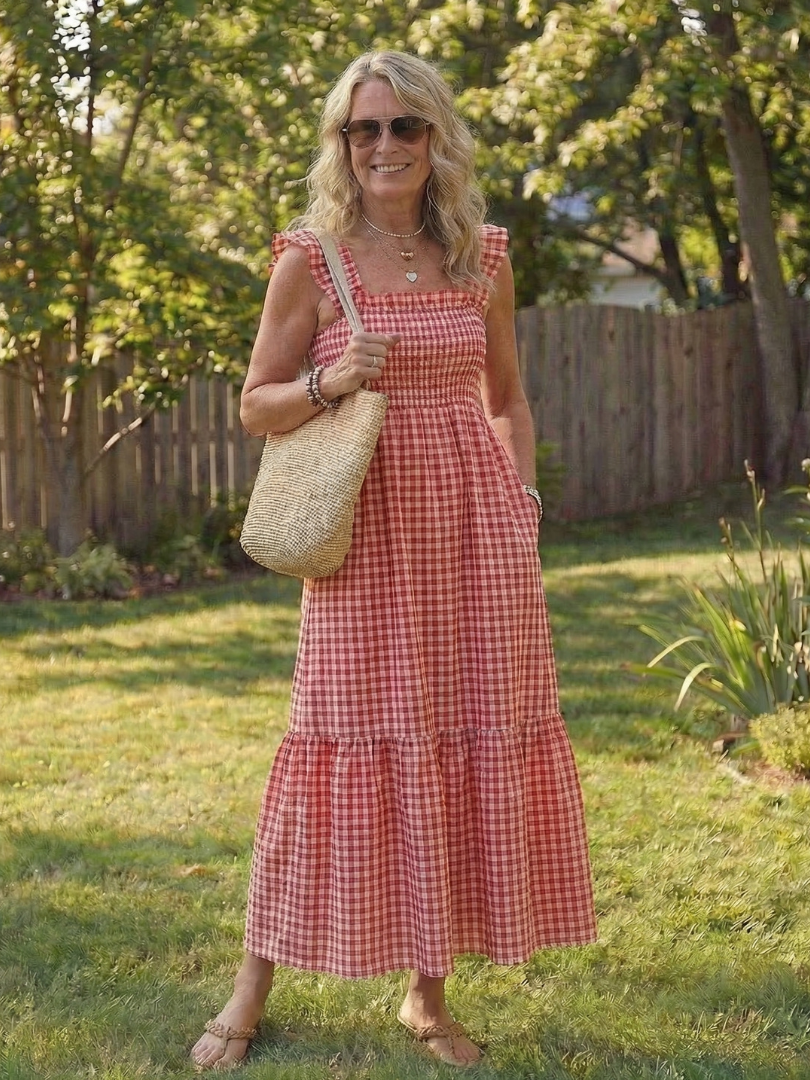 Liorana | Flutter Sleeve Smocked Gingham Maxi Dress