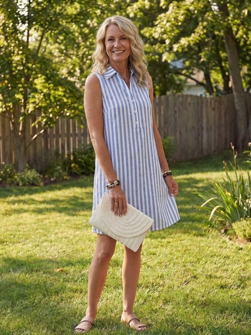 Rosbelle | Sleeveless Striped Button Front Shirt Dress