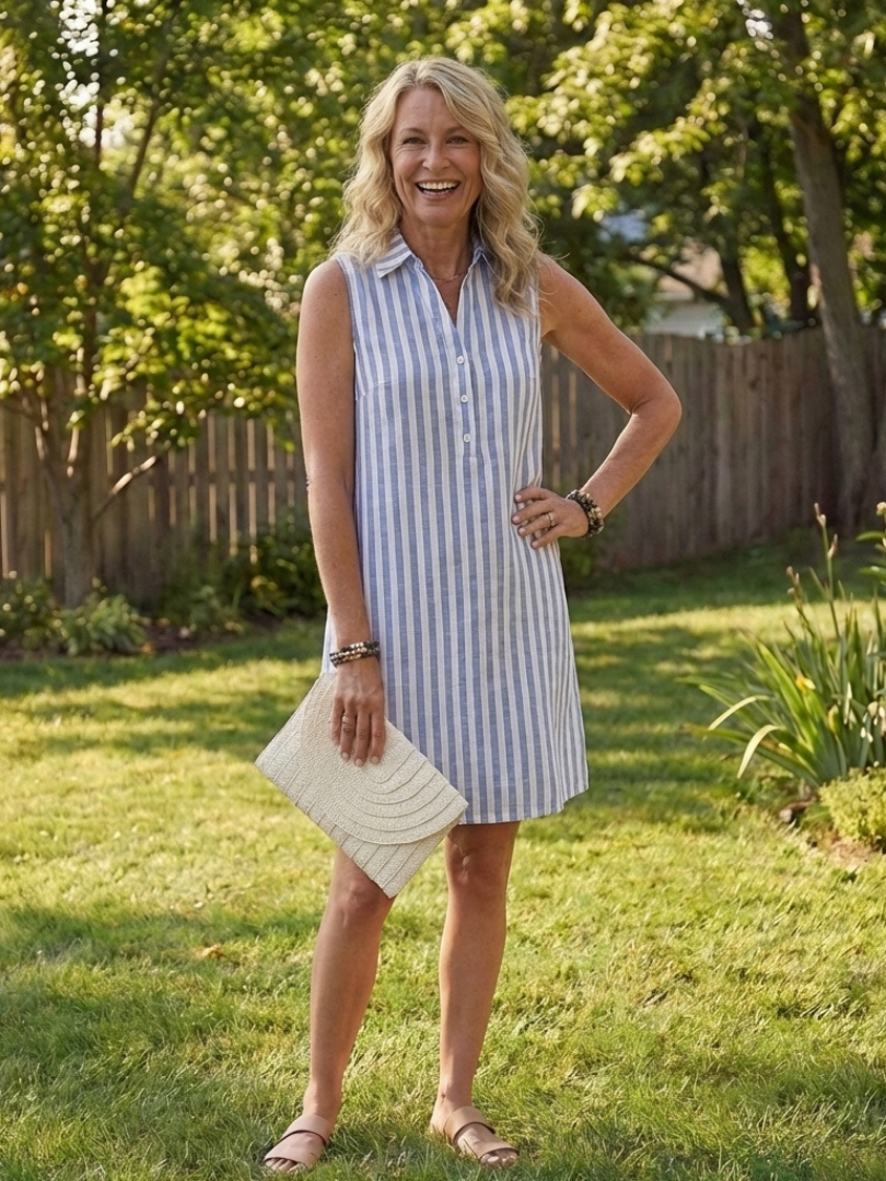 Rosbelle | Sleeveless Striped Button Front Shirt Dress