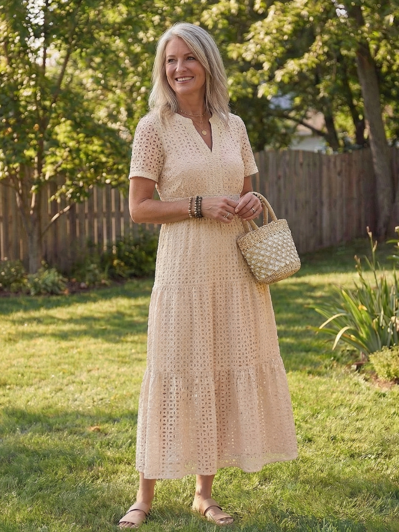 Lilada | Short Sleeve Eyelet Tiered Midi Dress
