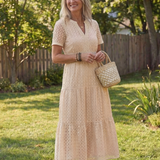 Lilada | Short Sleeve Eyelet Tiered Midi Dress