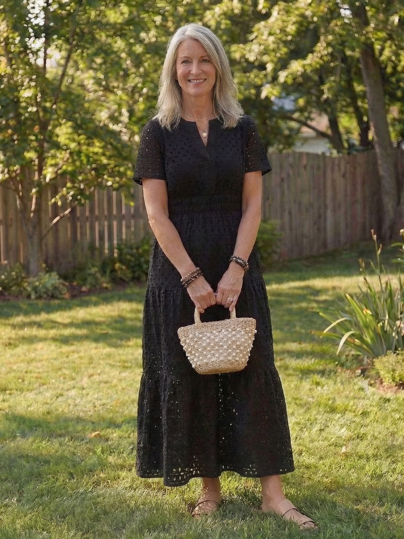Lilada | Short Sleeve Eyelet Tiered Midi Dress
