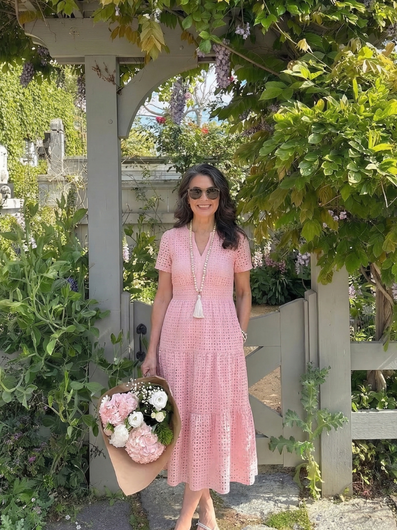 Lilada | Short Sleeve Eyelet Tiered Midi Dress