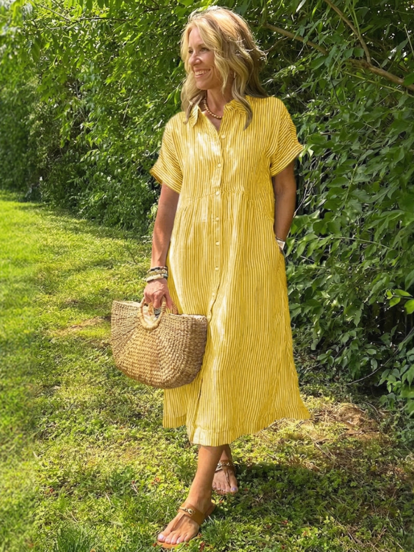 Miletta | Short Sleeve Button Front Striped Midi Dress