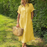 Miletta | Short Sleeve Button Front Striped Midi Dress