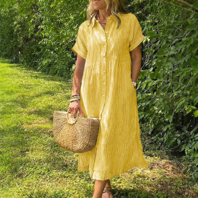 Miletta | Short Sleeve Button Front Striped Midi Dress