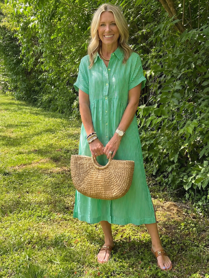 Miletta | Short Sleeve Button Front Striped Midi Dress