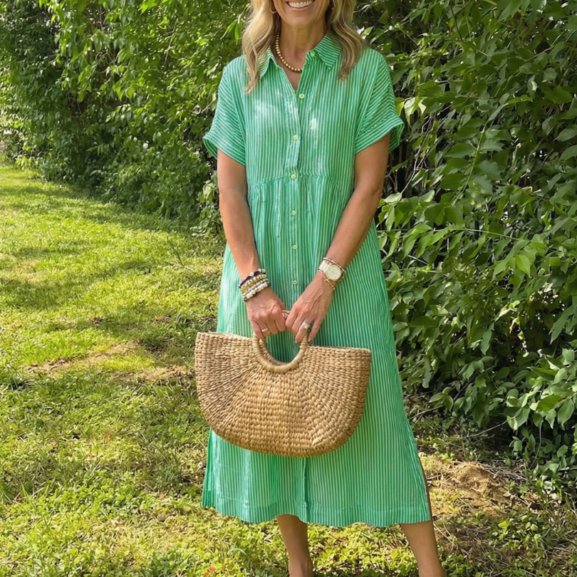 Miletta | Short Sleeve Button Front Striped Midi Dress