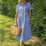 Miletta | Short Sleeve Button Front Striped Midi Dress