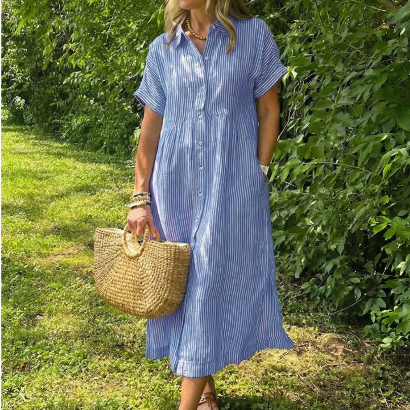 Miletta | Short Sleeve Button Front Striped Midi Dress