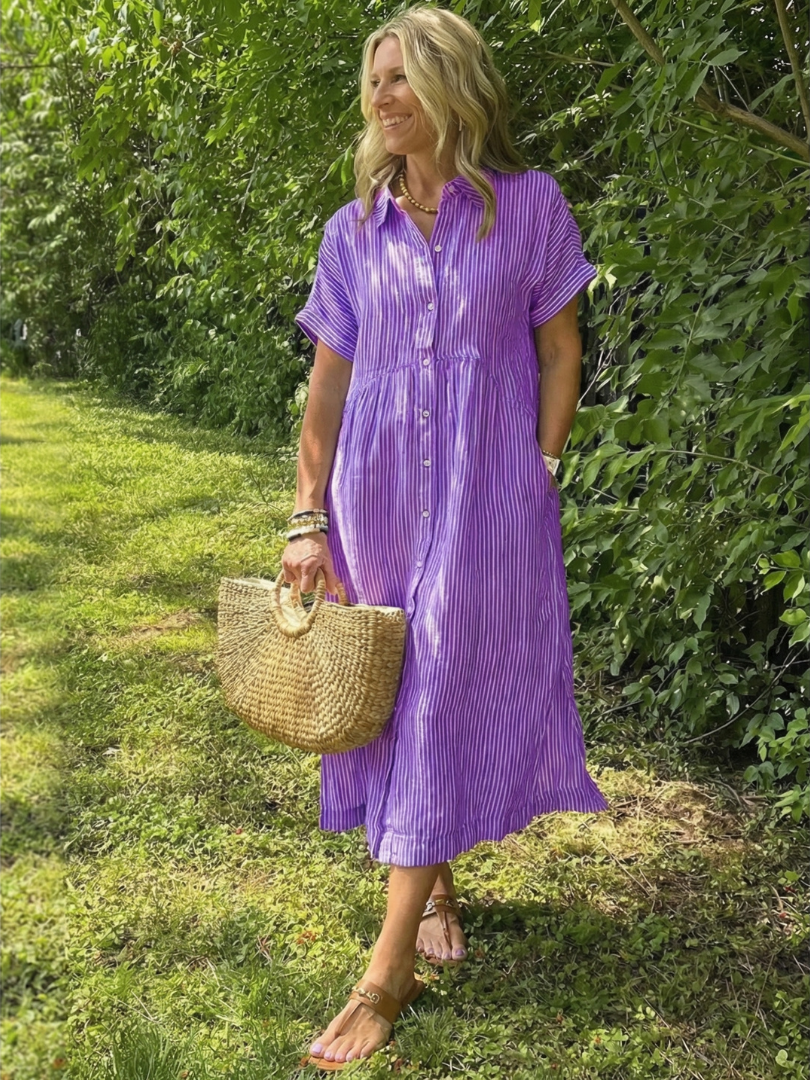 Miletta | Short Sleeve Button Front Striped Midi Dress