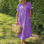 Miletta | Short Sleeve Button Front Striped Midi Dress