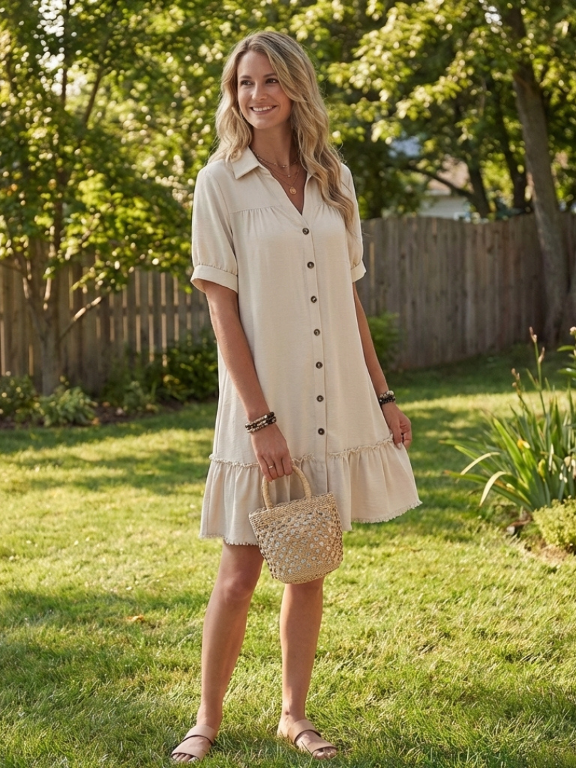 Surinia | Short Sleeve Button Front Ruffle Hem Dress