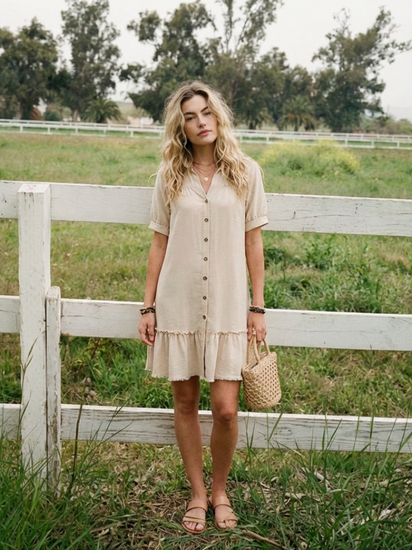 Surinia | Short Sleeve Button Front Ruffle Hem Dress