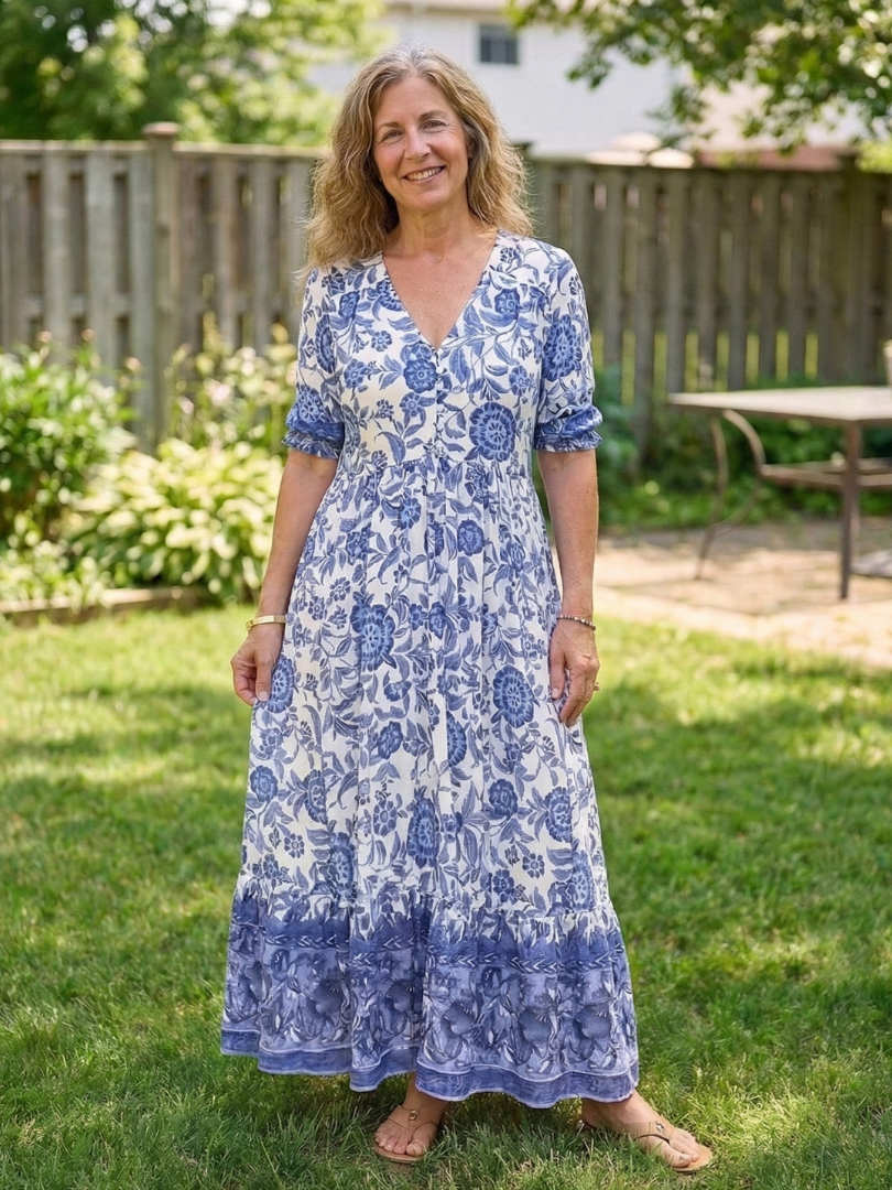 Miralyn | Short Sleeve V Neck Floral Midi Dress