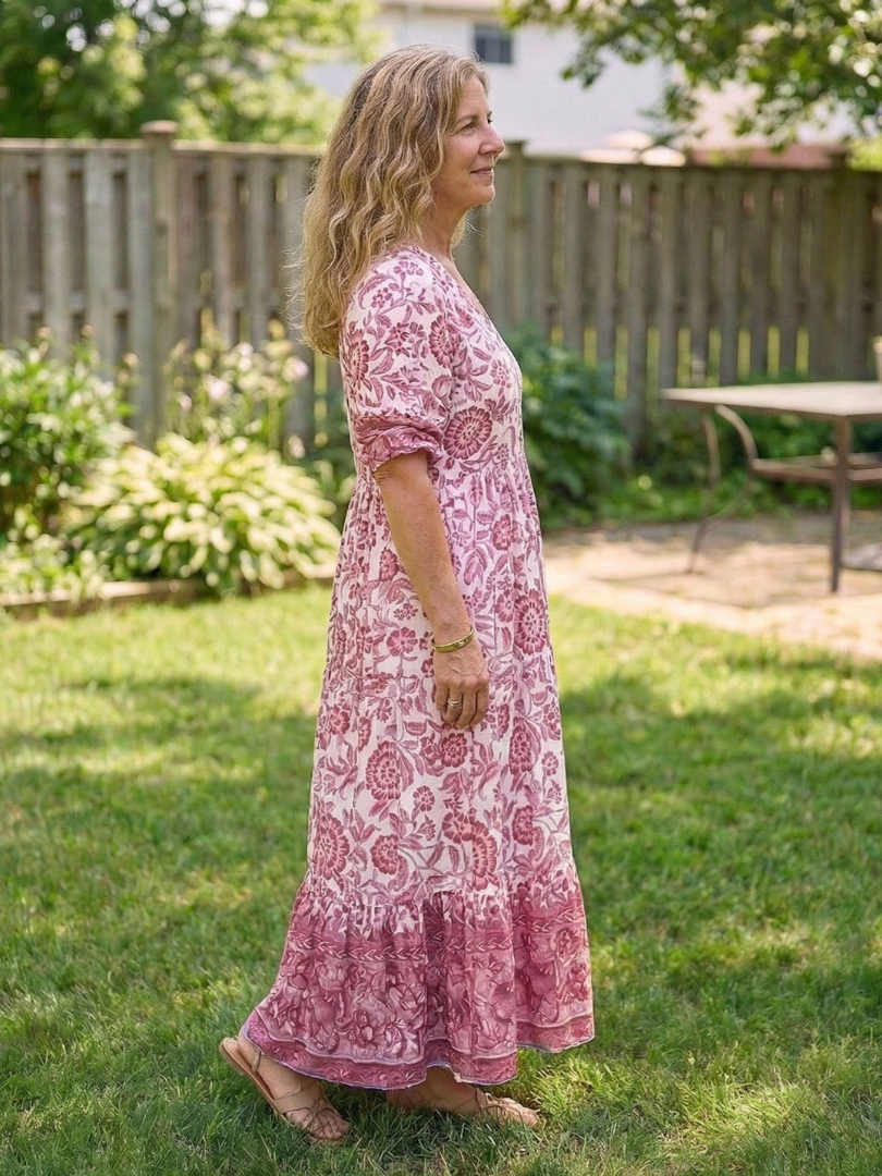 Miralyn | Short Sleeve V Neck Floral Midi Dress
