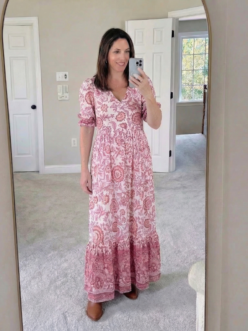 Miralyn | Short Sleeve V Neck Floral Midi Dress