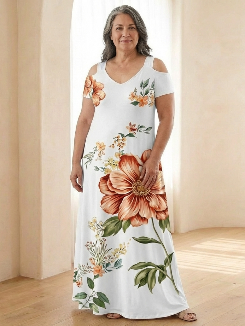 Norana | Floral V Neck Short Sleeve Maxi Dress