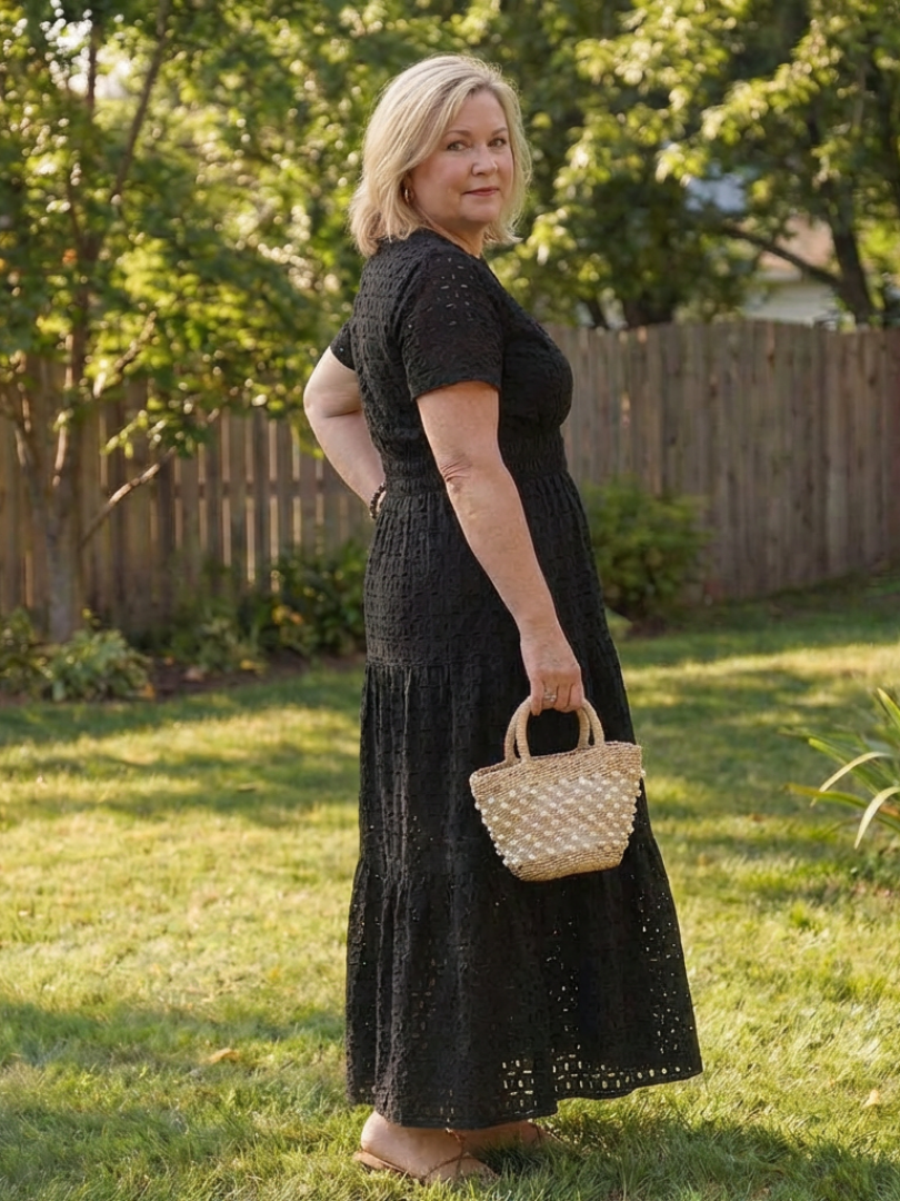 Lilada | Short Sleeve Eyelet Tiered Midi Dress