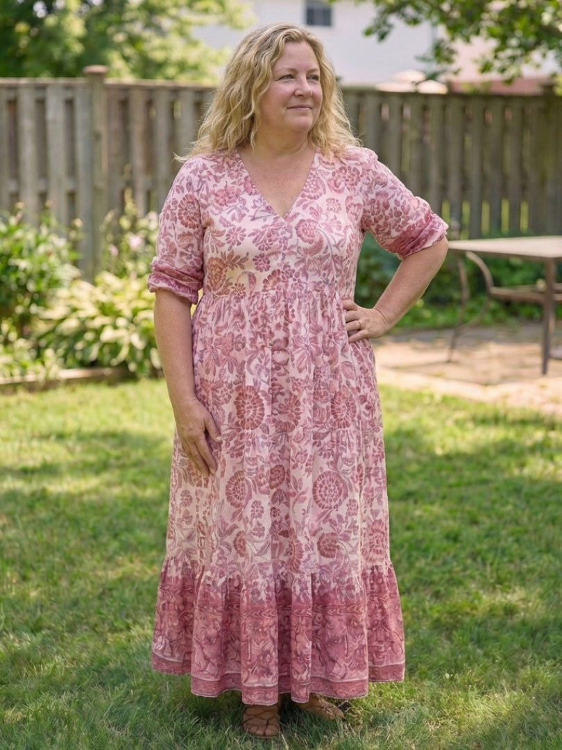 Miralyn | Short Sleeve V Neck Floral Midi Dress