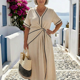 Faedra | V Neck Short Sleeve Gathered Waist Midi Dress