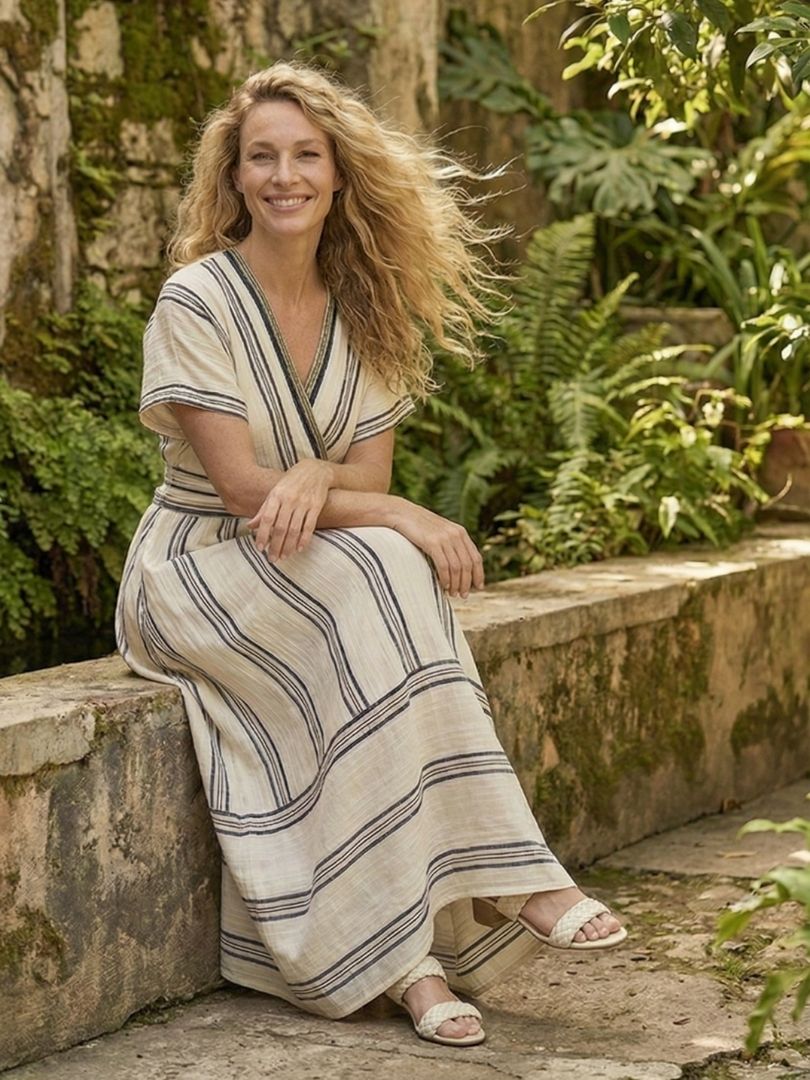 Faewen | V Neck Short Sleeve Wrap Waist Midi Dress