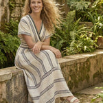 Faewen | V Neck Short Sleeve Wrap Waist Midi Dress