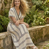 Faewen | V Neck Short Sleeve Wrap Waist Midi Dress