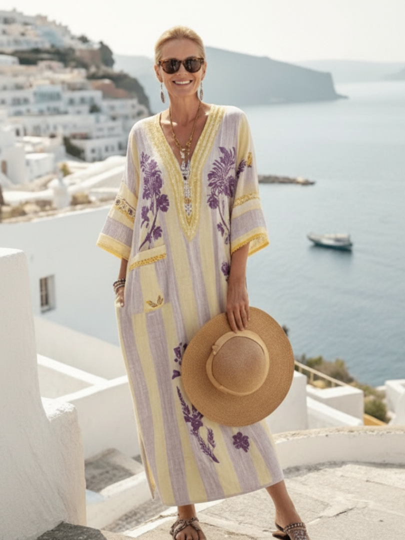 Verenada | V Neck Half Sleeve Striped Floral Maxi Dress