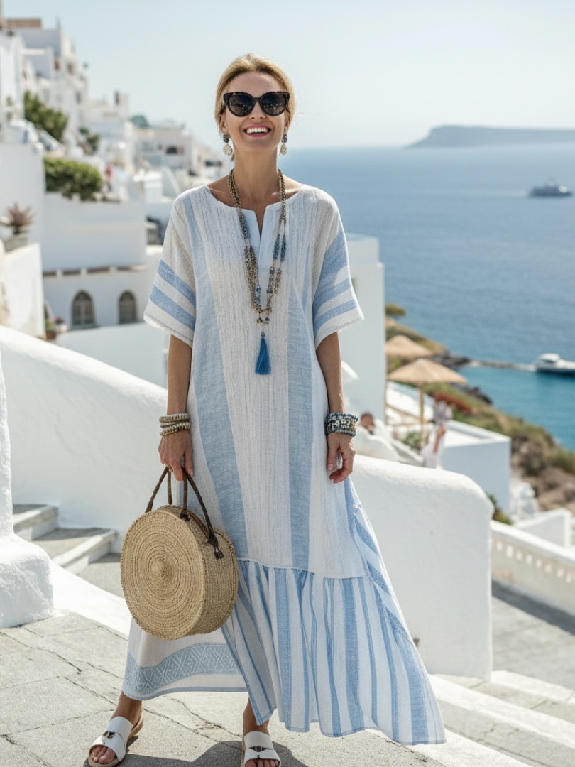 Sennara | Round Neck Short Sleeve Striped Maxi Dress