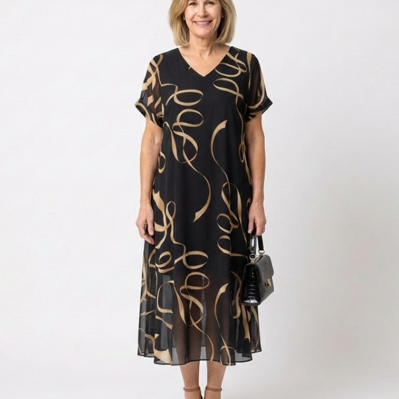 Verna | V Neck Short Sleeve Midi Dress Abstract Print
