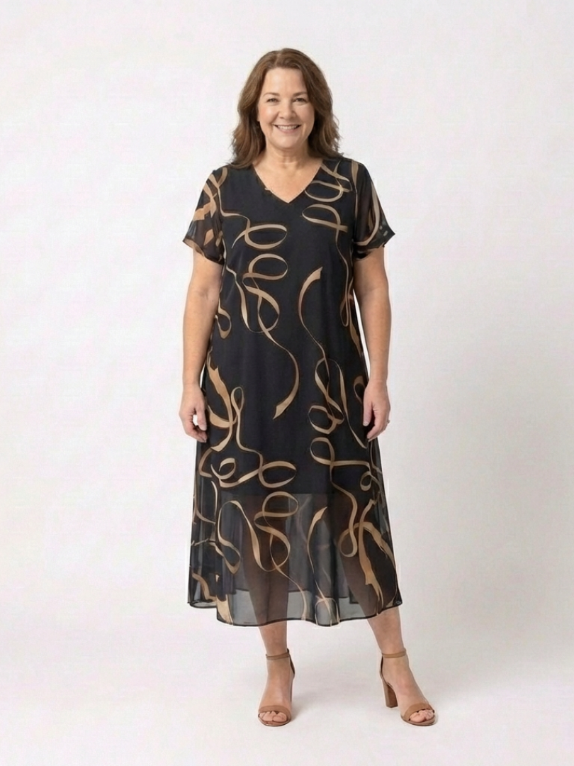 Verna | V Neck Short Sleeve Midi Dress Abstract Print