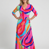 Casetta | Three Quarter Sleeve V Neck Abstract Maxi Dress