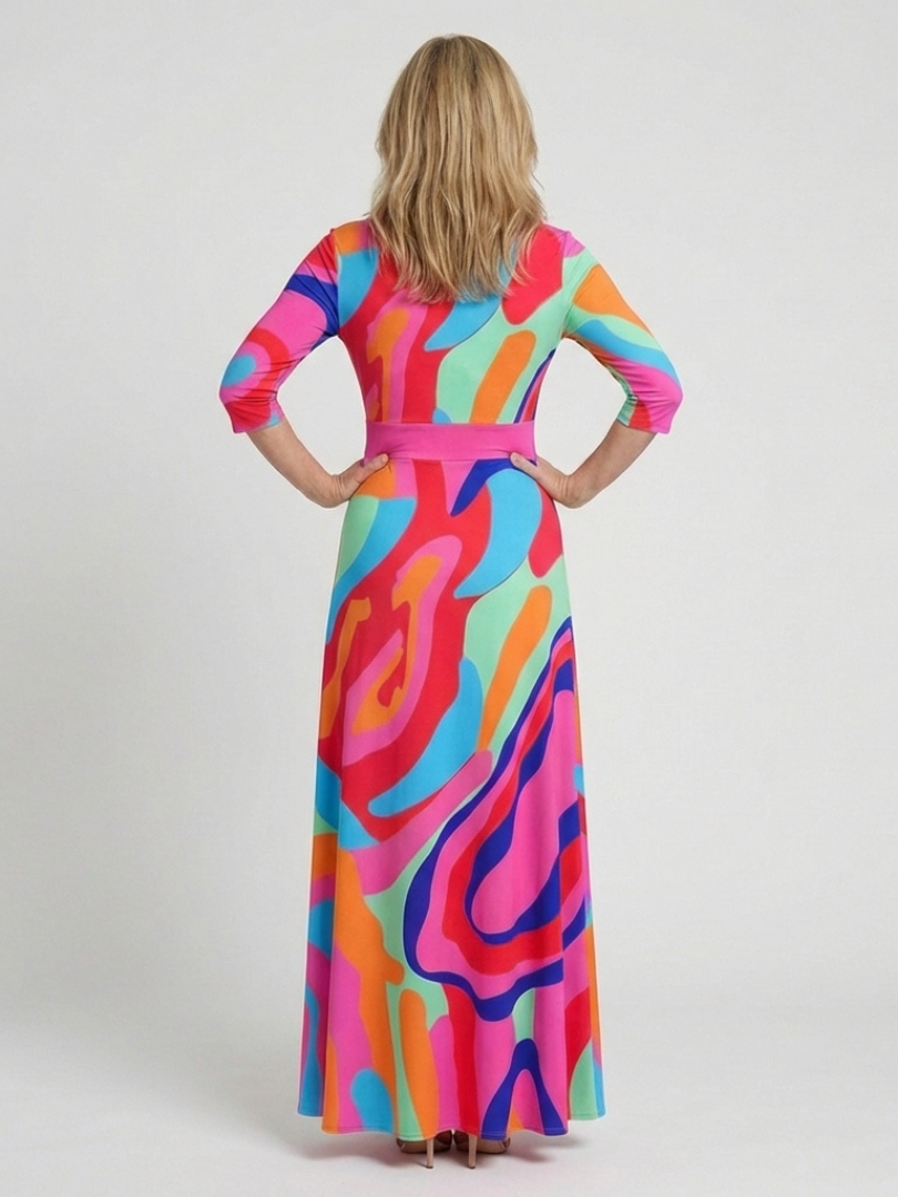 Casetta | Three Quarter Sleeve V Neck Abstract Maxi Dress