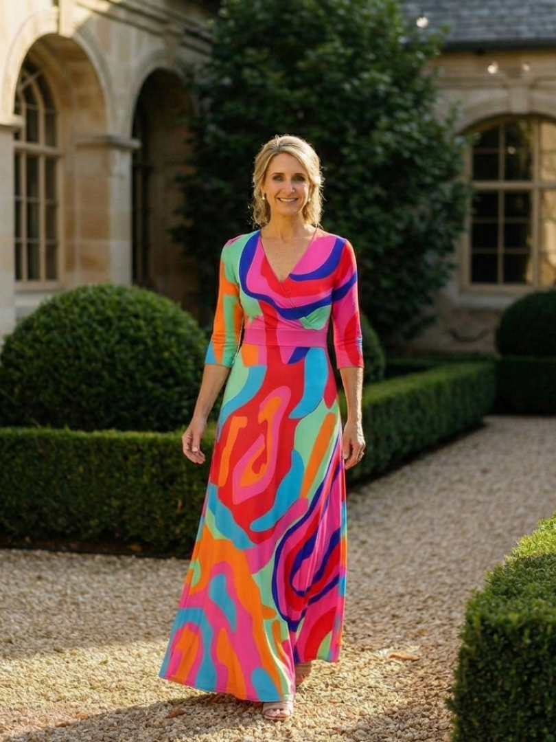 Casetta | Three Quarter Sleeve V Neck Abstract Maxi Dress