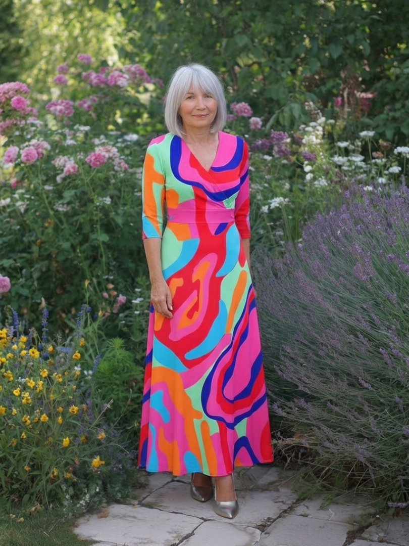 Casetta | Three Quarter Sleeve V Neck Abstract Maxi Dress