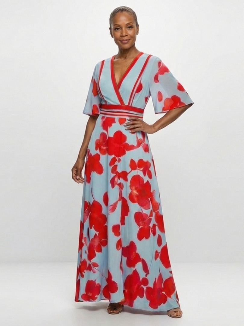 Celine | V Neck Short Sleeve Floral Maxi Dress